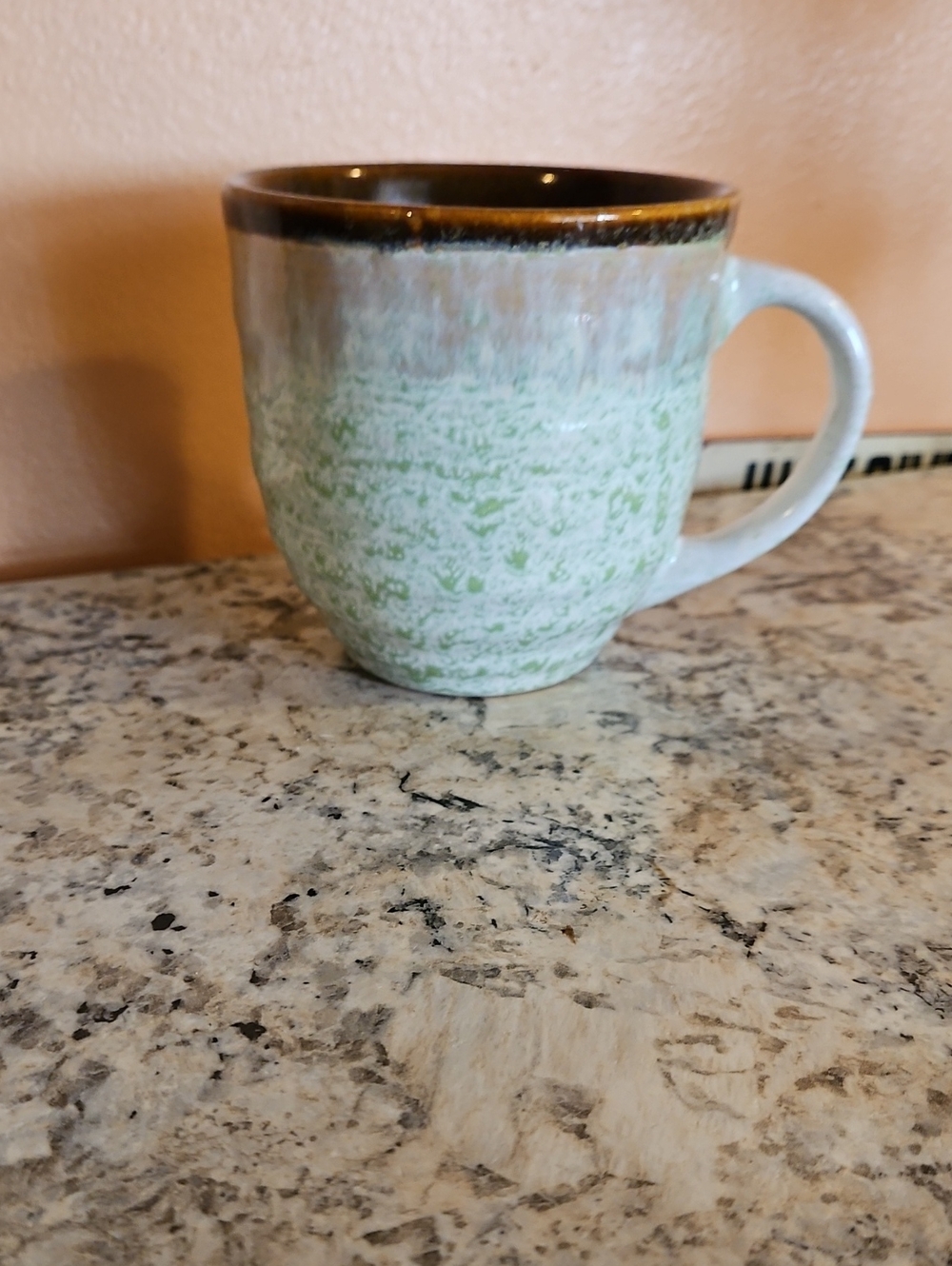 Glazed Ceramic Mug in Green with Brown Rim